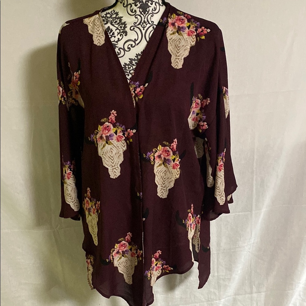 Peach Love California Burgundy Floral Cardigan/Kimono EUC Medium